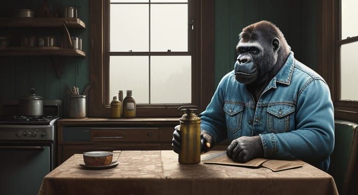 Gorilla Emerges from Canned Goods in Whimsical Kitchen Scene