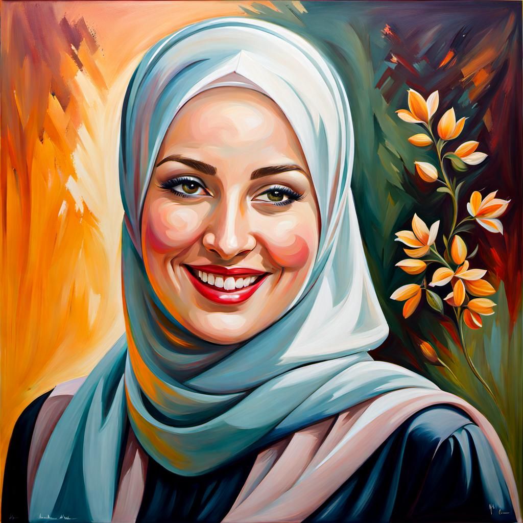 Elegant Portrait of Woman in Hijab as Oil Painting