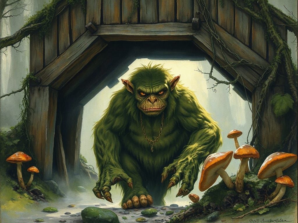 Mystical Troll Under Bridge in Watercolor Style