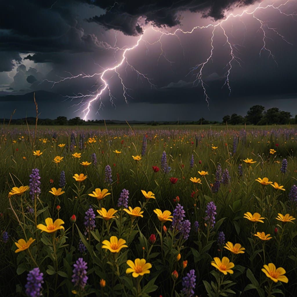 Nighttime Lightning Strike in Wildflower Field
