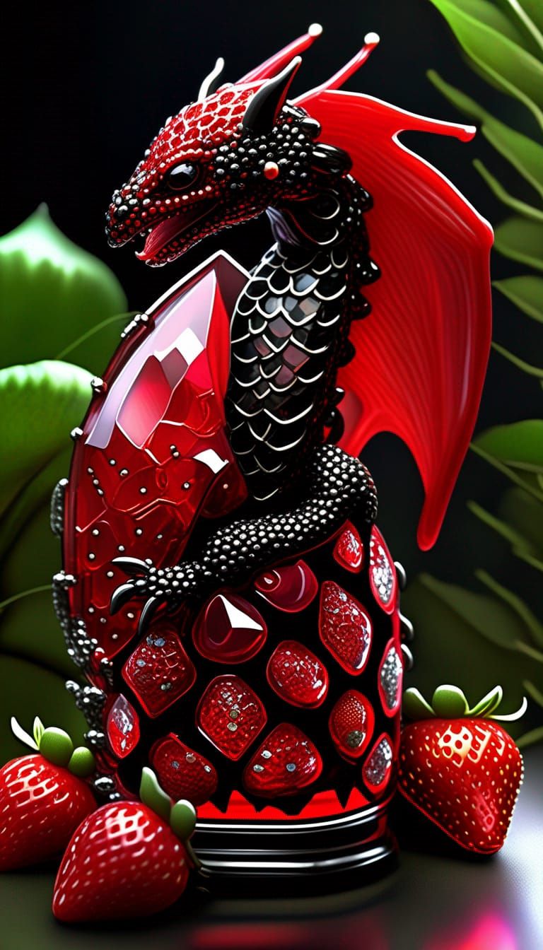 Strawberry Dragon in Glass Bottle: Hyperrealistic 3D Render
