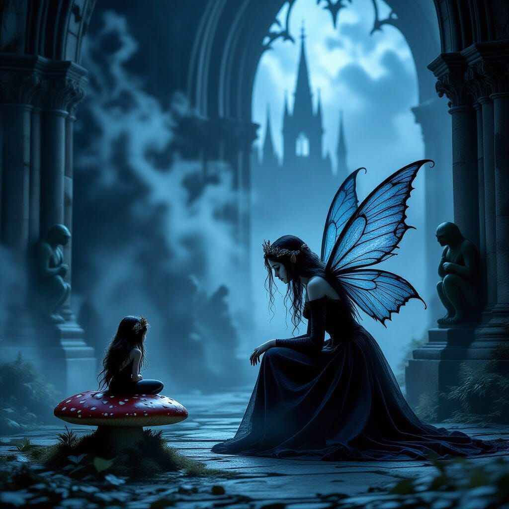 Mournful Fairy in Gothic Cathedral, Baroque Art