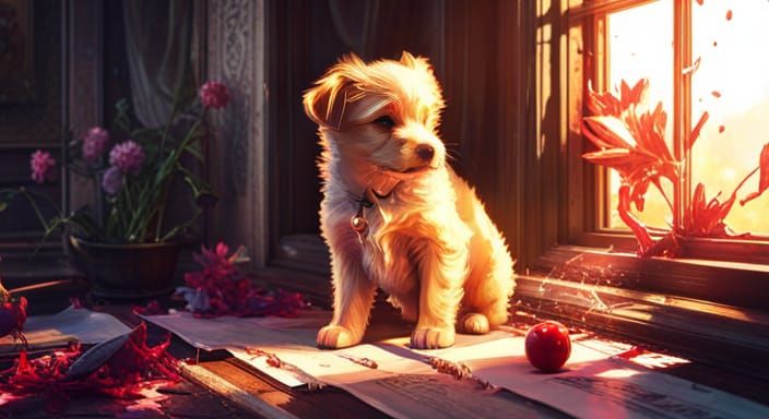 Puppy at an Old Window, Hyperdetailed Digital Art