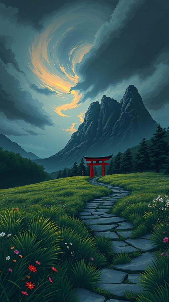 Mysterious Japanese Landscape in Dark Anime Style with Limit...