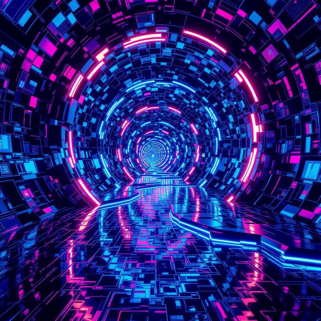 Neon Rivers in Geometric Tunnels