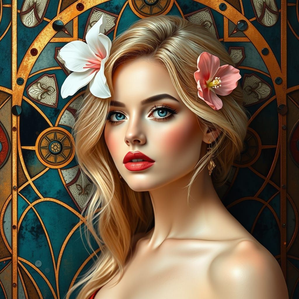 Elegant Woman in Art Deco Style with Flowers
