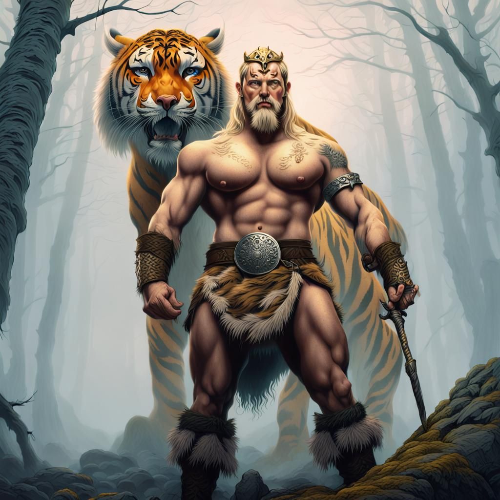 Viking Warrior and Tiger in Misty Forest