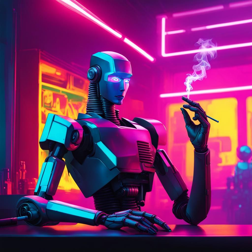 Robot Smoking Cigarette in Cyberpunk City