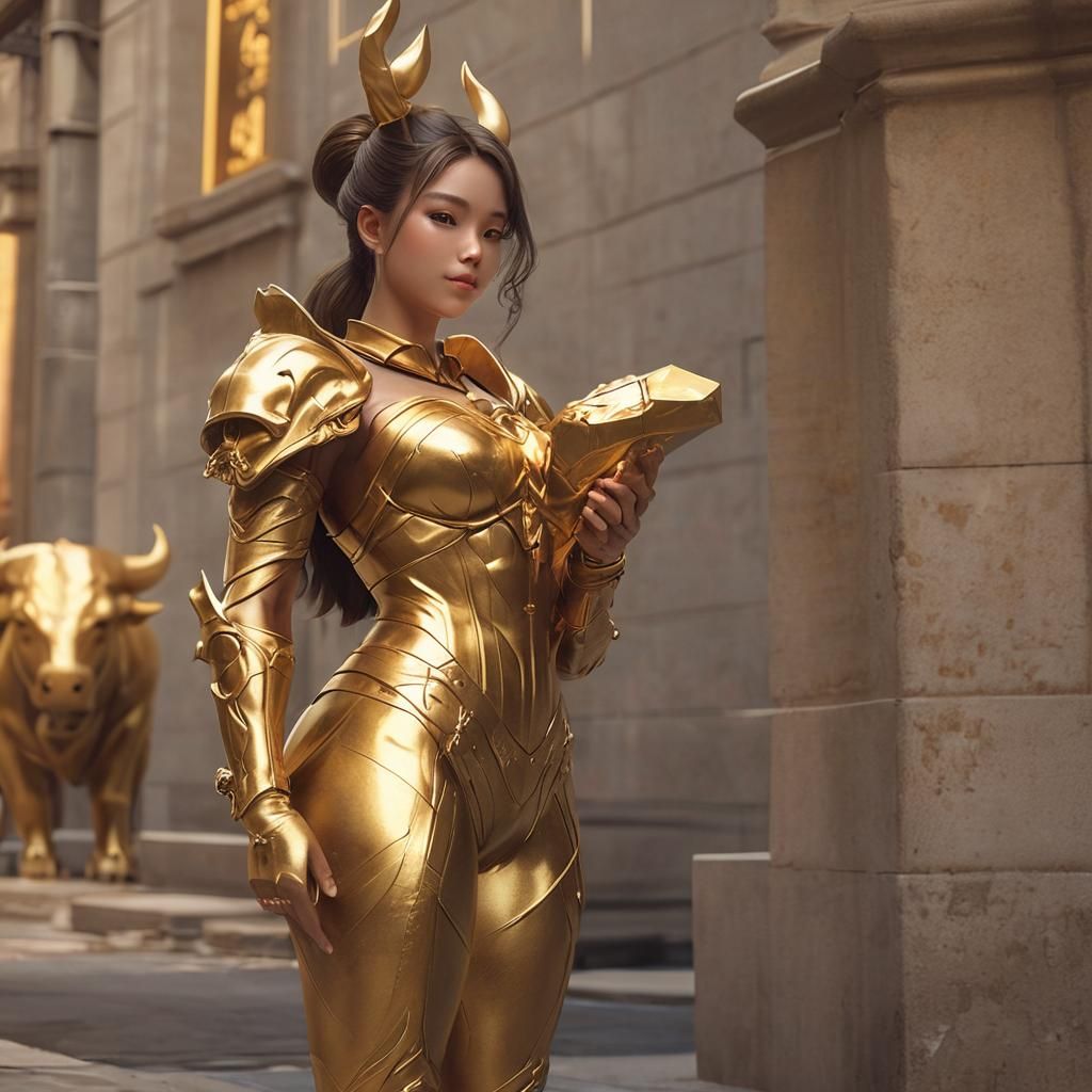 Girl with Gold Bar on Wall Street: Anime Concept Art