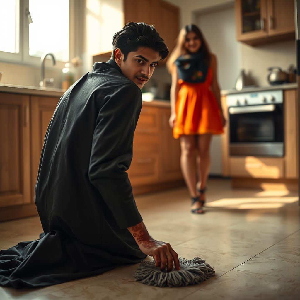 Young Man in Chador, Intense Cleaning Moment, Warm Kitchen L...