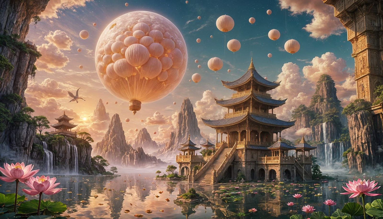 Floating Lotus Temple in Ethereal Dawn