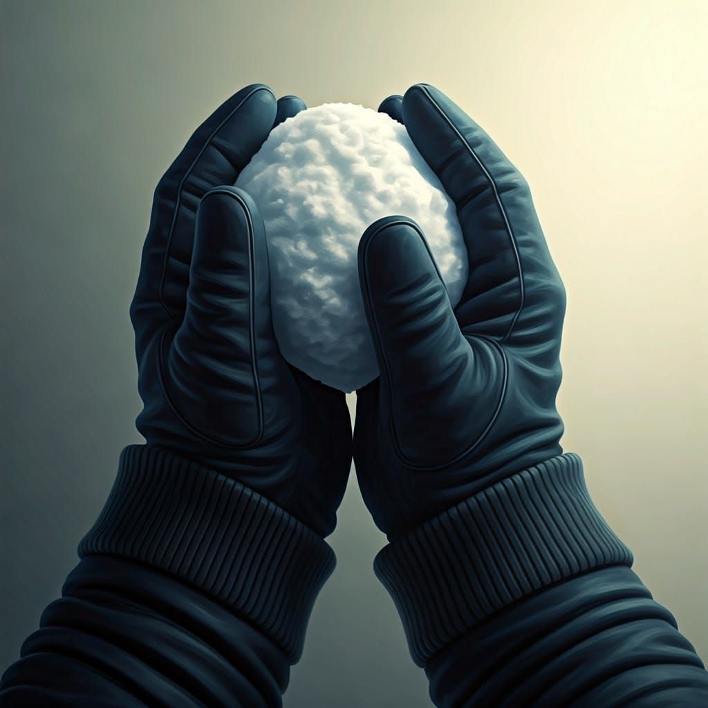 hands wearing a pair of dark blue gloves, and holding a snowball. intricately detailed hyperrealism mixed media, light b...