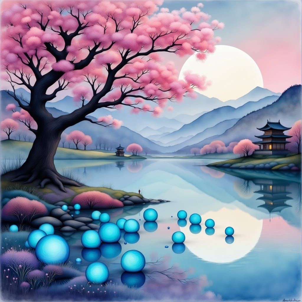 Ancient Sakura Tree in Ethereal Japanese Landscape