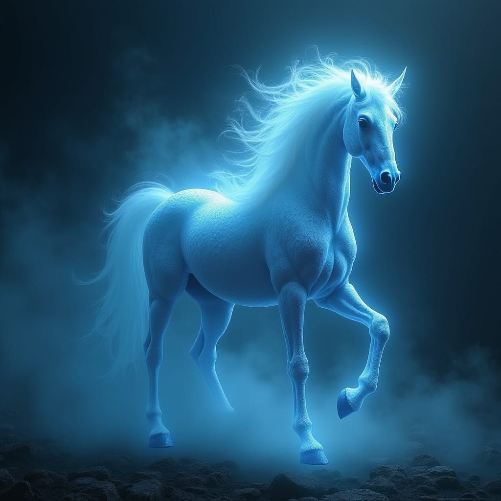 Ethereal Celtic Kelpie Spirit Horse in Whispy Blue and Silve...