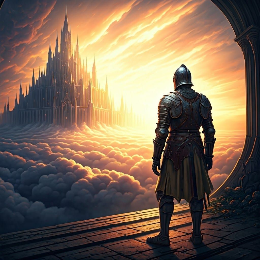 Medieval Knight Stands at Threshold of the Shimmering Kingdo...