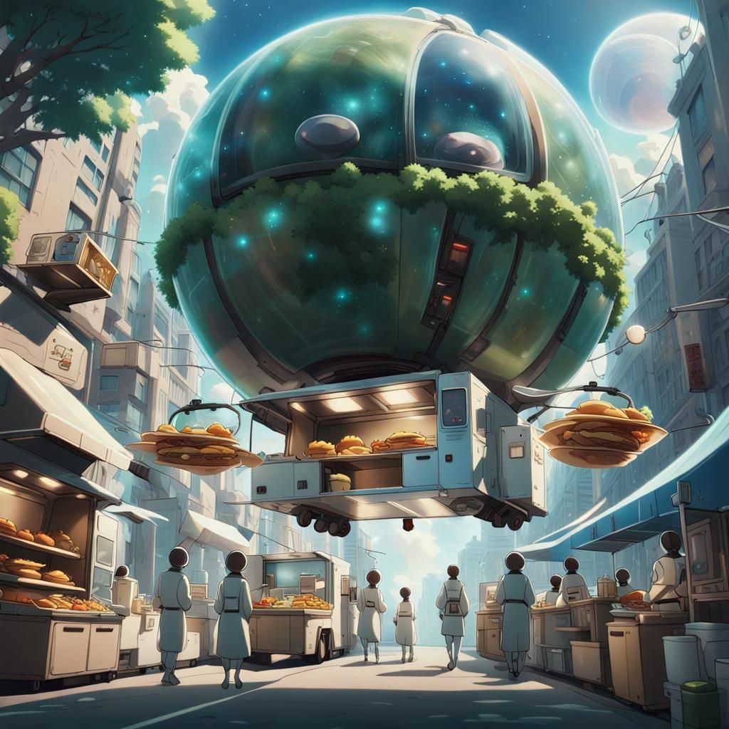 Floating Food Truck on Alien Planet, Anime Style
