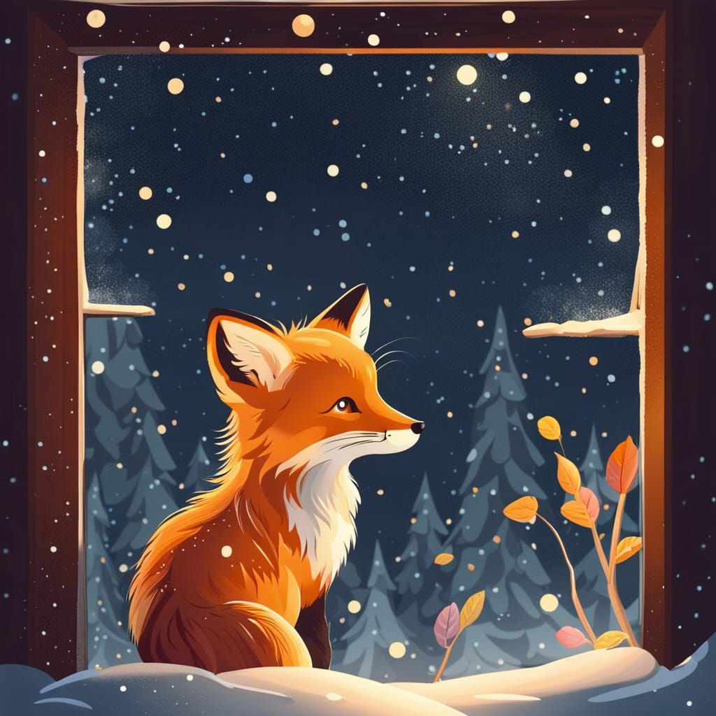 Cute Fox Cub Gazing Out Window on Snowy Night