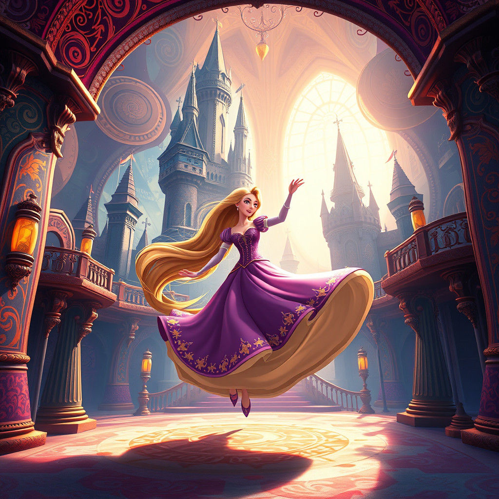 Rapunzel's Lavish Castle Dance: A Cartoon Art Fantasy