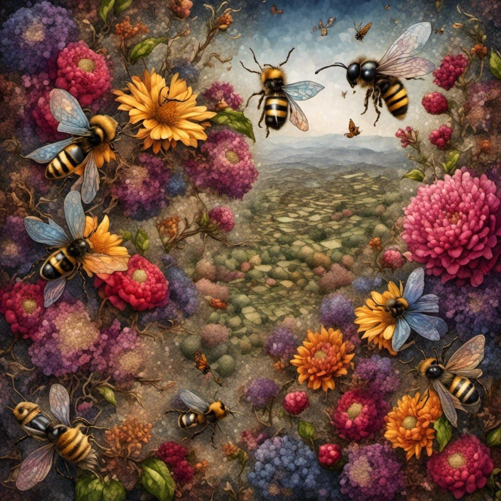 Bees Pollinating Fruit Trees in Hyperrealistic Style