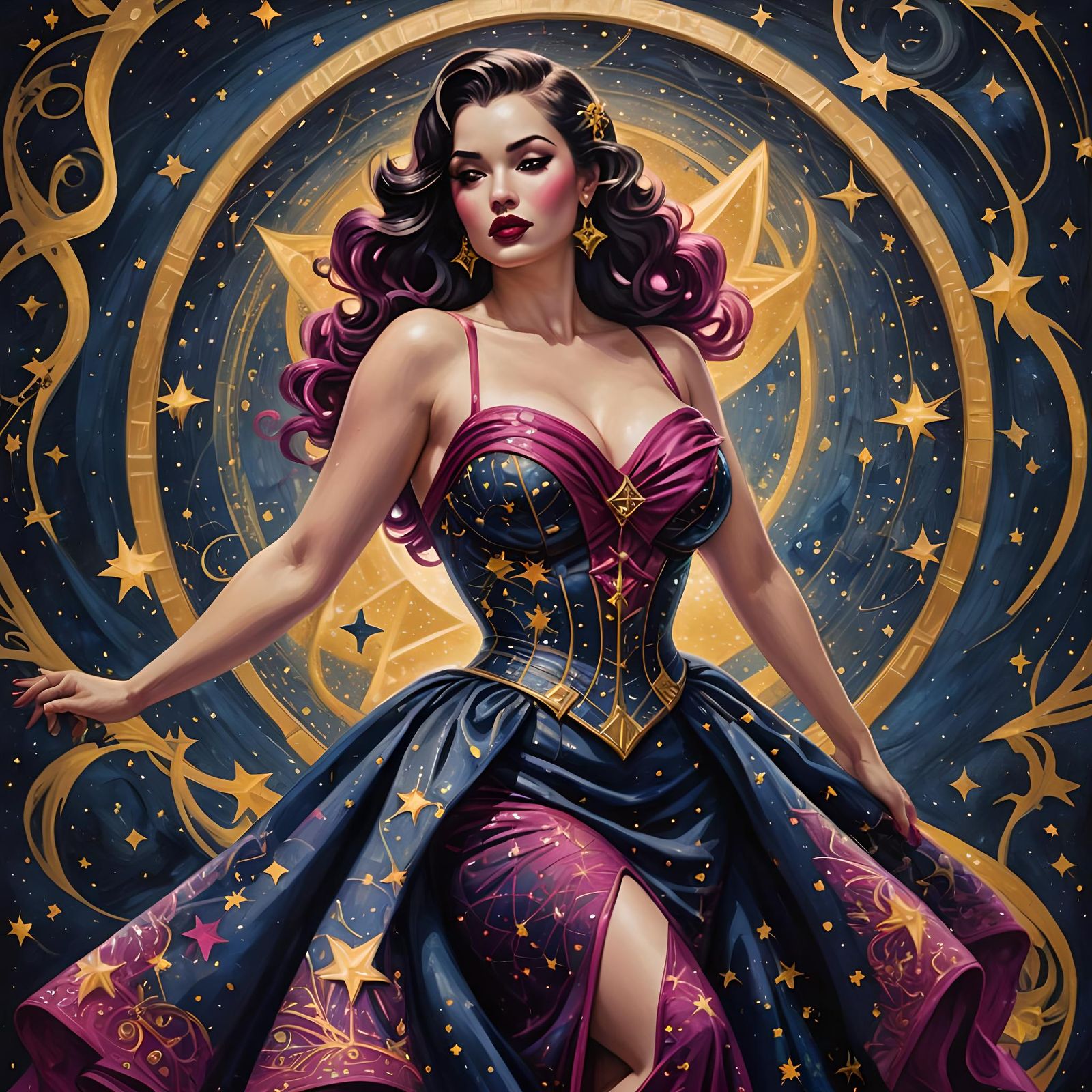 Voluptuous Woman in Star Gown: Dark Fantasy Oil Painting
