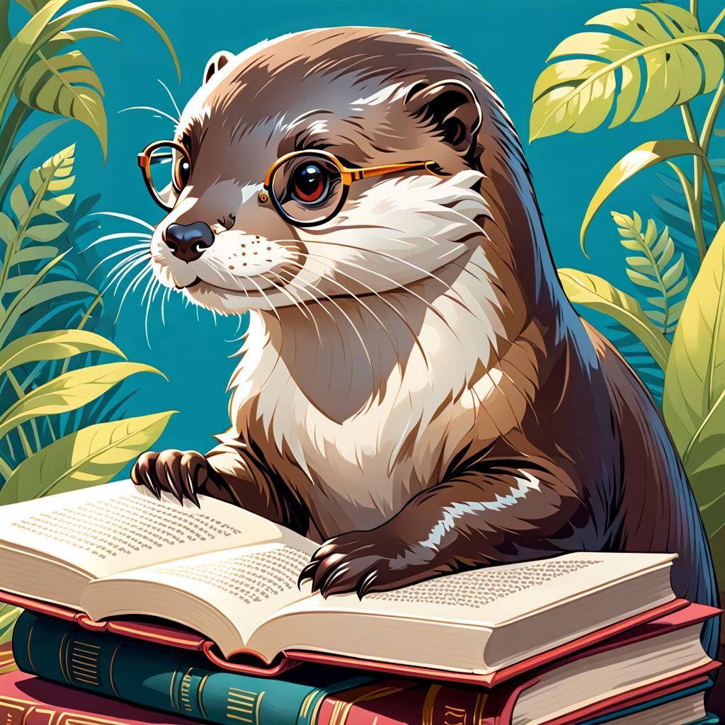 Spectacled Otter Posing with Book Illustration