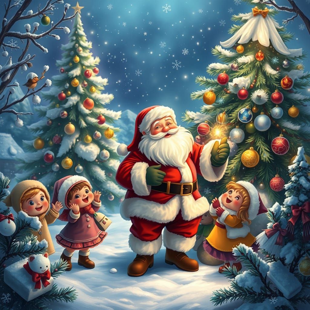 Whimsical Winter Wonderland Scene with Santa and Children