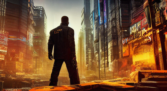 Cyberpunk Cyborg in City Ruins