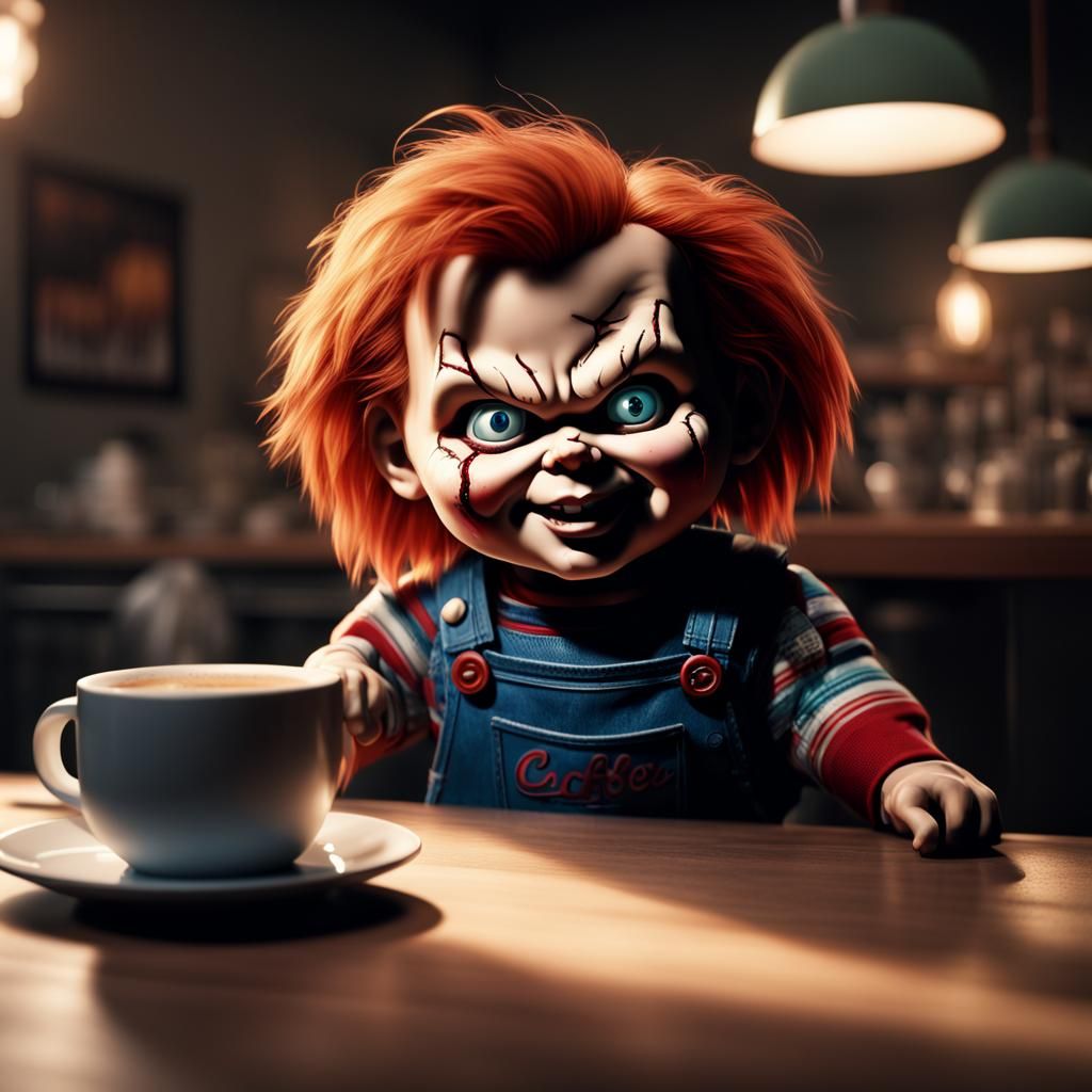 Hyperrealistic Chucky Drinking Coffee, Cinematic Matte Paint...