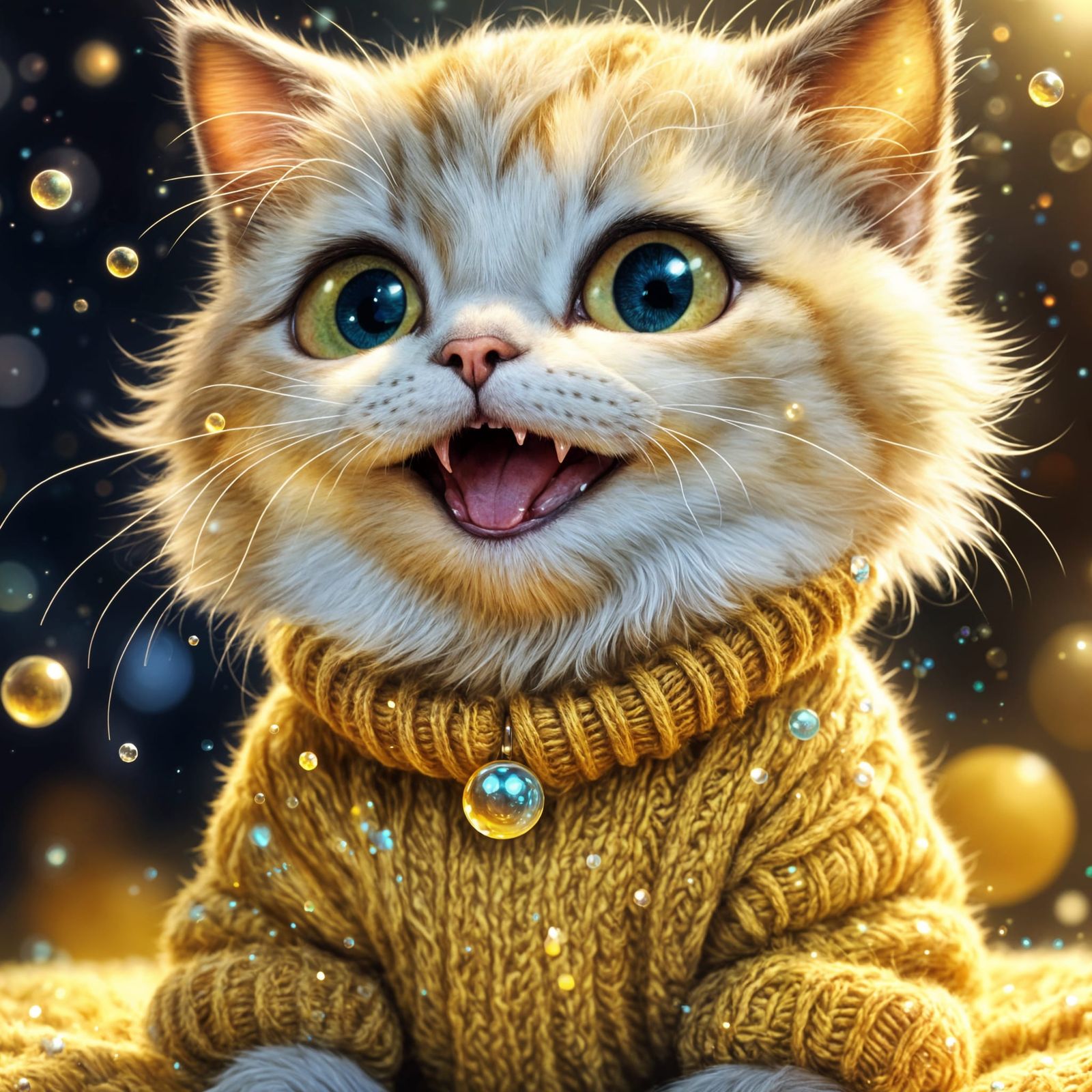 Smiling Cartoon Cat in Yellow Knit Sweater