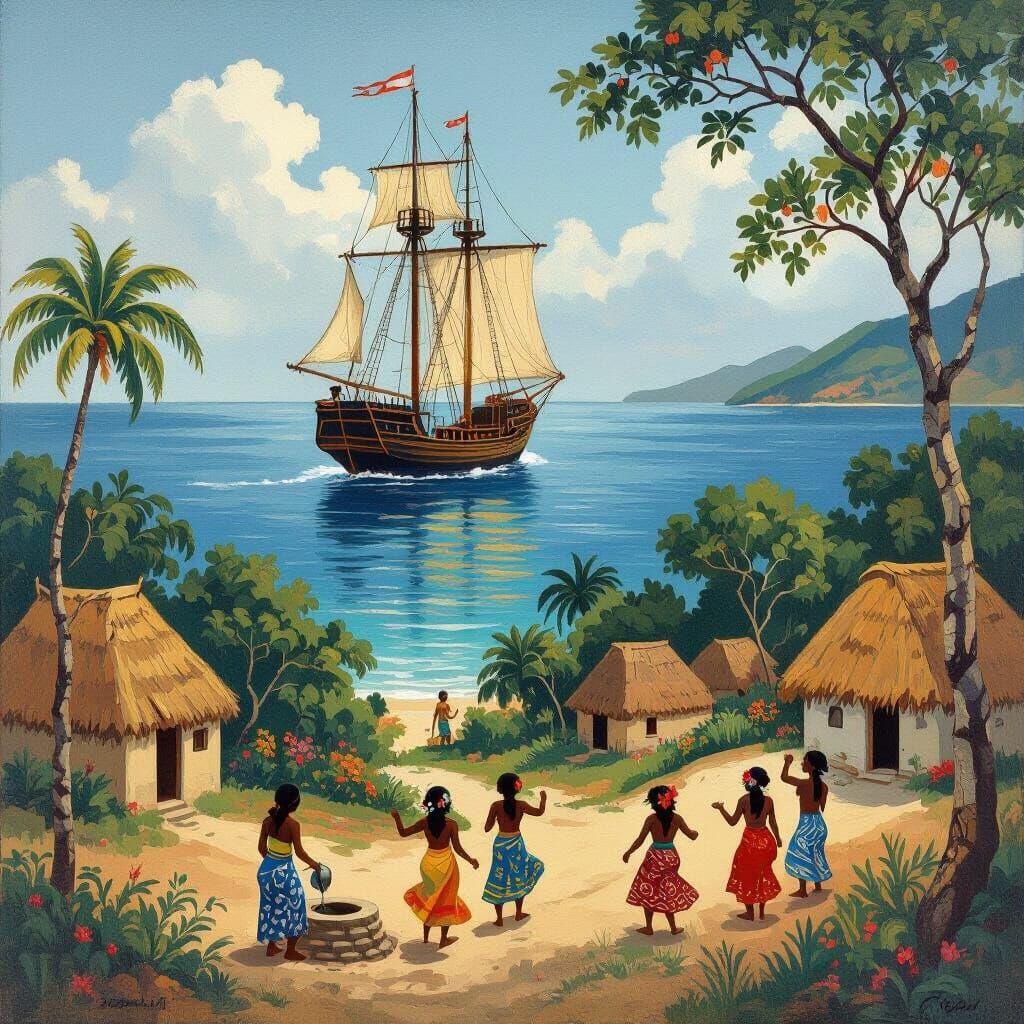 Historical Ship at Sea in Naive Art Style