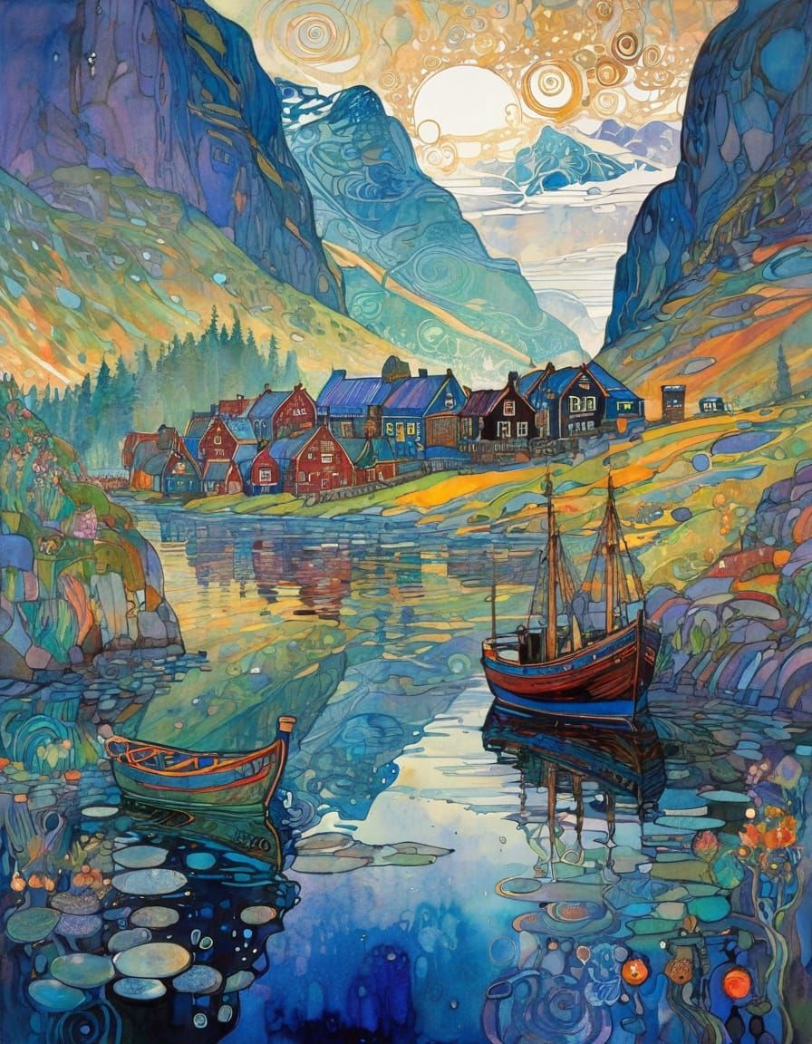 Misty Norwegian Fjord in Art Nouveau Style