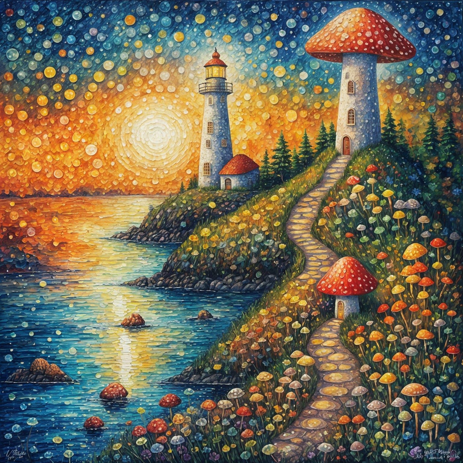 Mushroom Lighthouse in Pointillist Folk Art Style