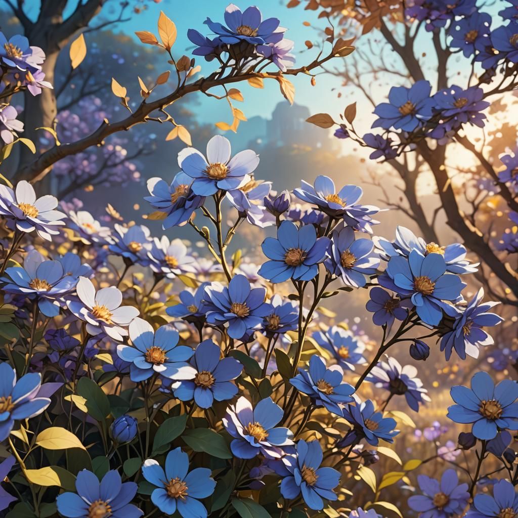 Lush Anime Autumn Flowers in Blue Hues