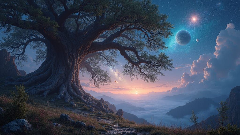 Cosmic Tree Ascends to the Heavens in Vibrant Matte Painting