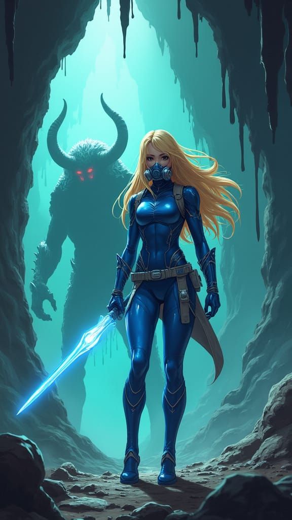 Blonde Heroine in Cave with Energy Sword, Manga Style