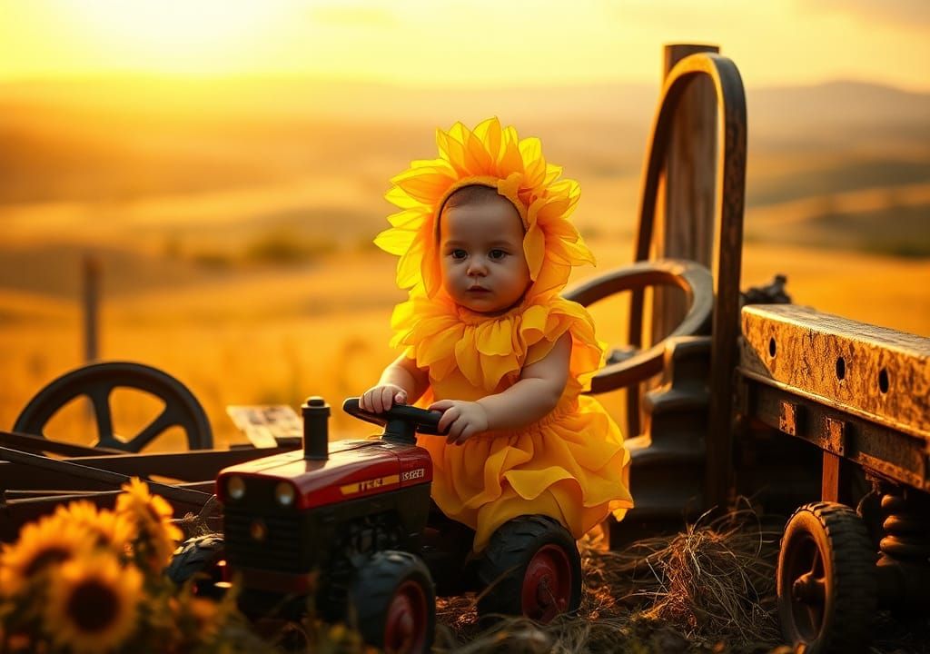 Baby in Sunflower Costume with Toy Tractor
