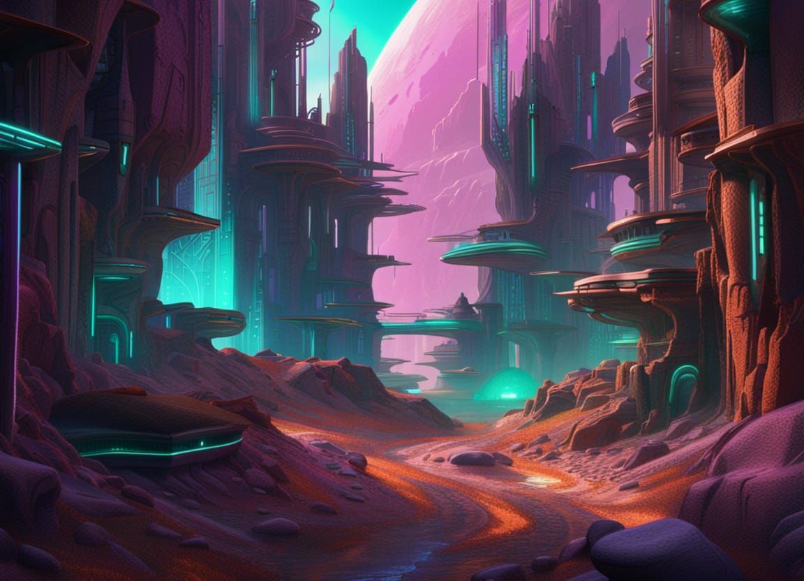 Futuristic Martian Cityscape in Purple and Cyan