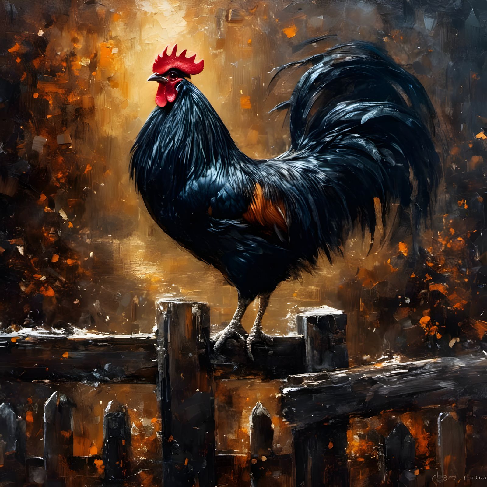 Hyperrealistic Black Rooster on Fence, Impressionism