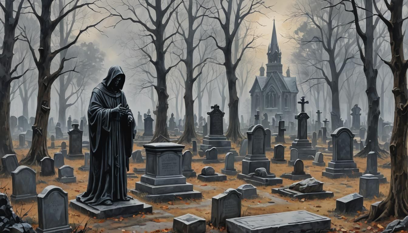 Eerie Gothic Graveyard with Grim Reaper in Gouache Style