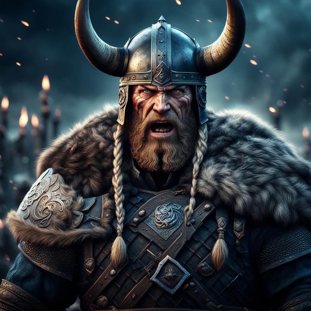 A portrait of a Viking ,his face full of emotion and anger