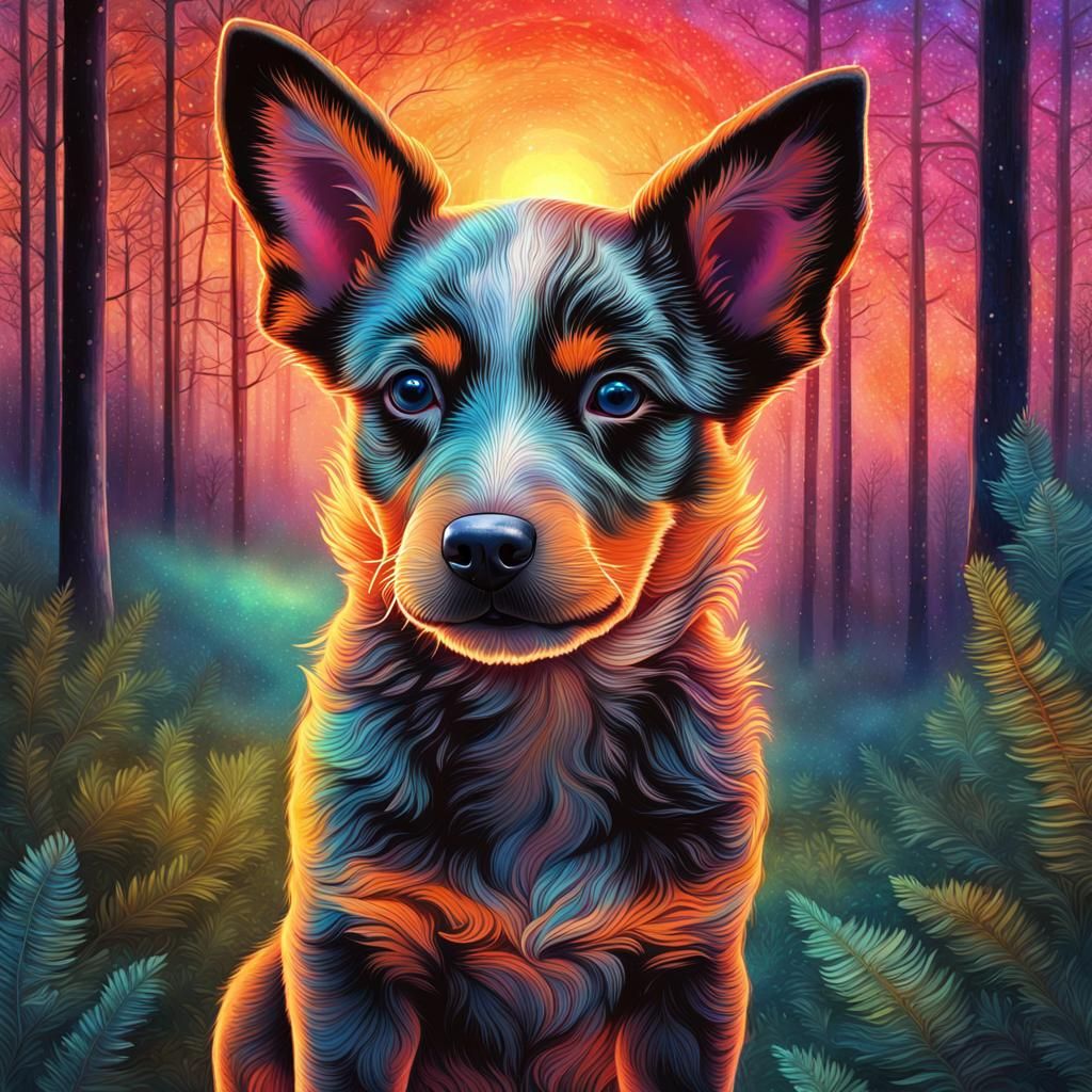 Australian Cattle Dog Puppy in Forest, Cosmic Illustration