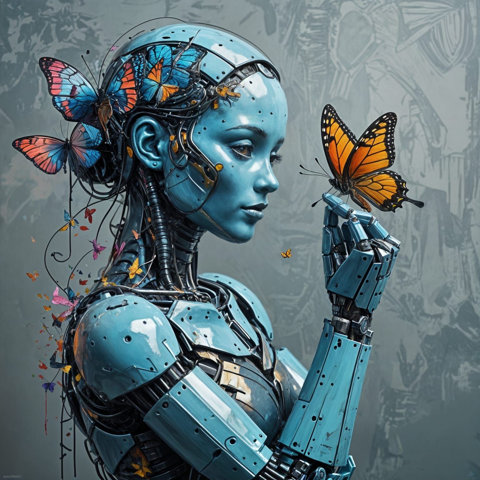 Surreal Robot Admires Vibrant Butterfly