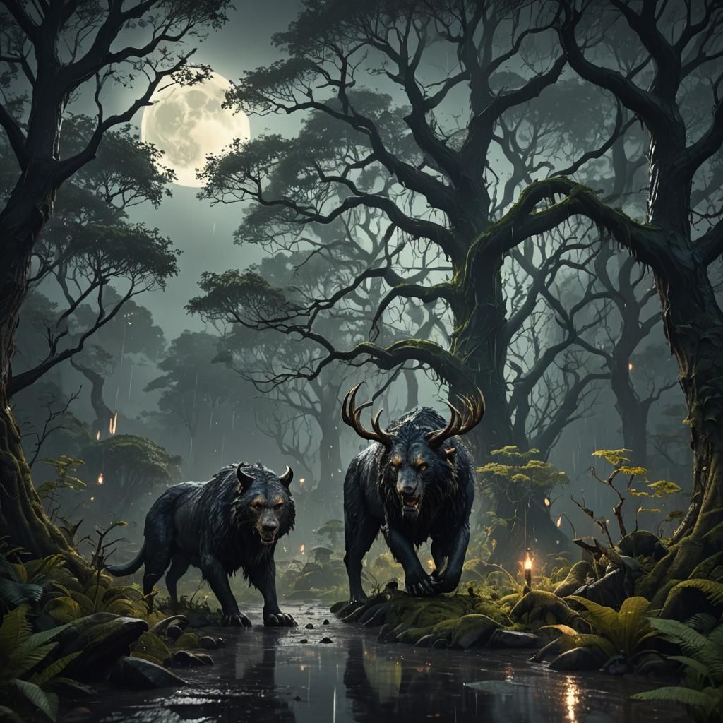Shape-Shifting Beast in Rainy Moonlight Forest