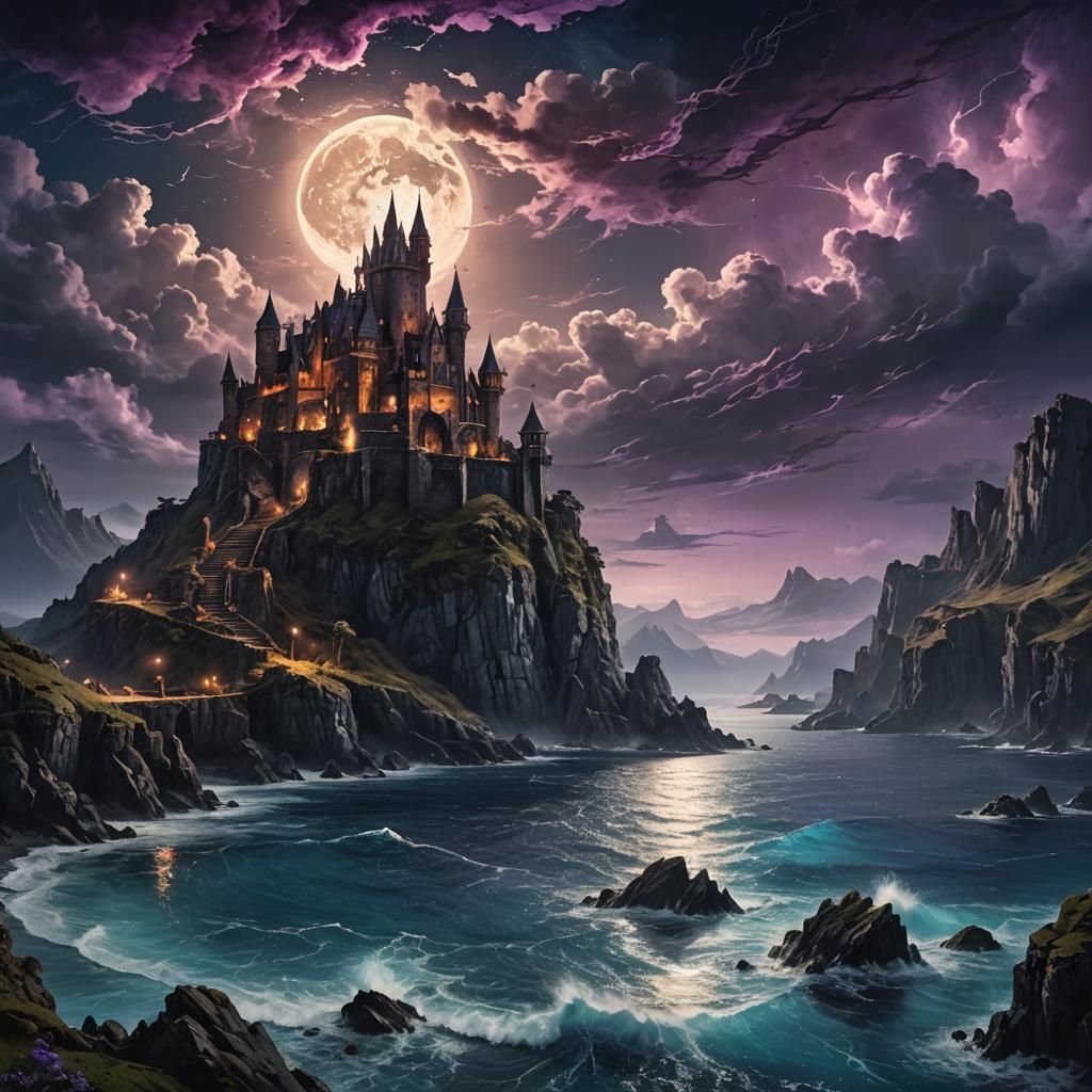 Midnight Castle Seascape in Fantasy Art Style