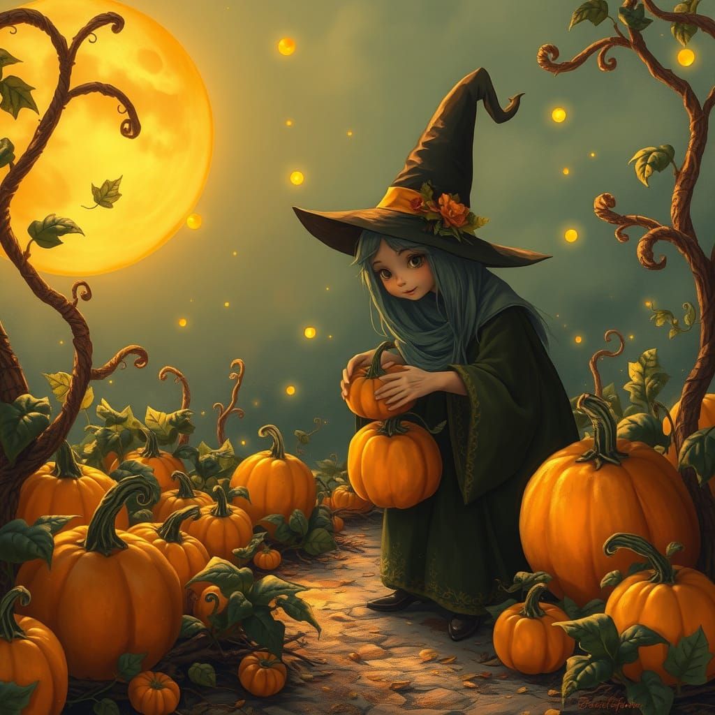 Whimsical Witch Tends Magical Garden at Autumn Sunset