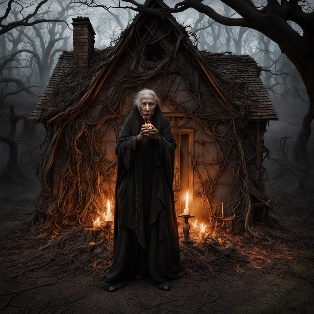 Eerie Witch by Firelight in Dilapidated Cottage