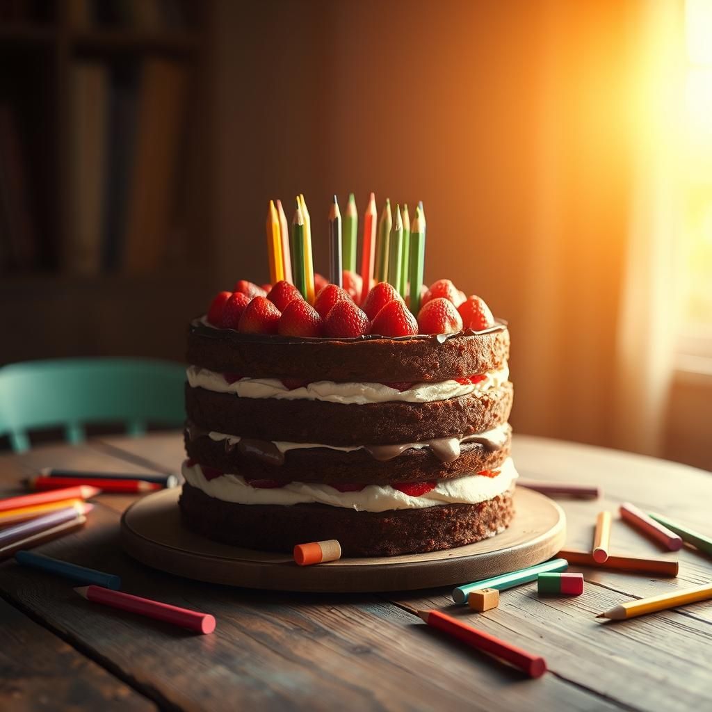 Strawberry Cake with Pencils in Cinematic Style