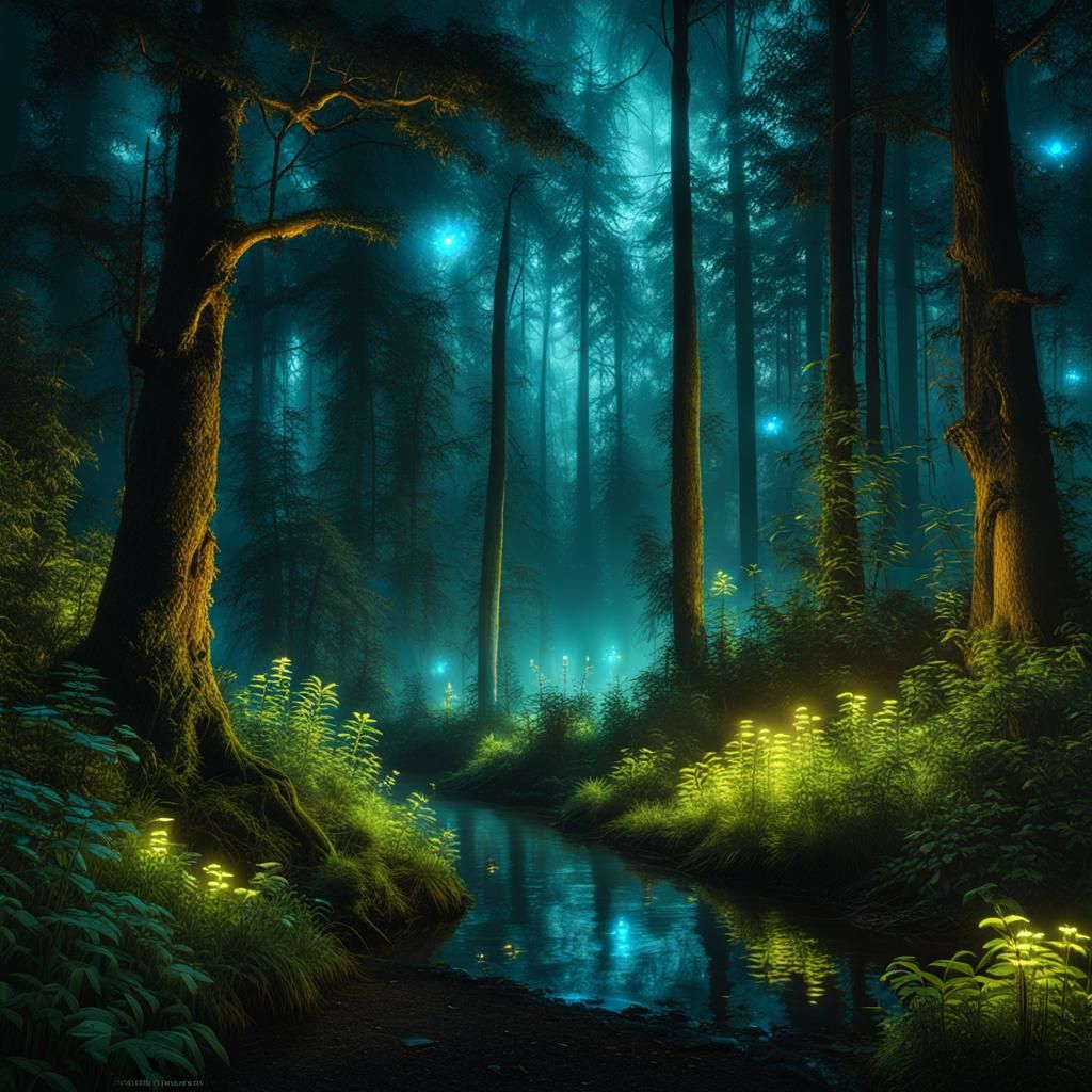 Bioluminescent Enchanted Forest with Glowing Creatures