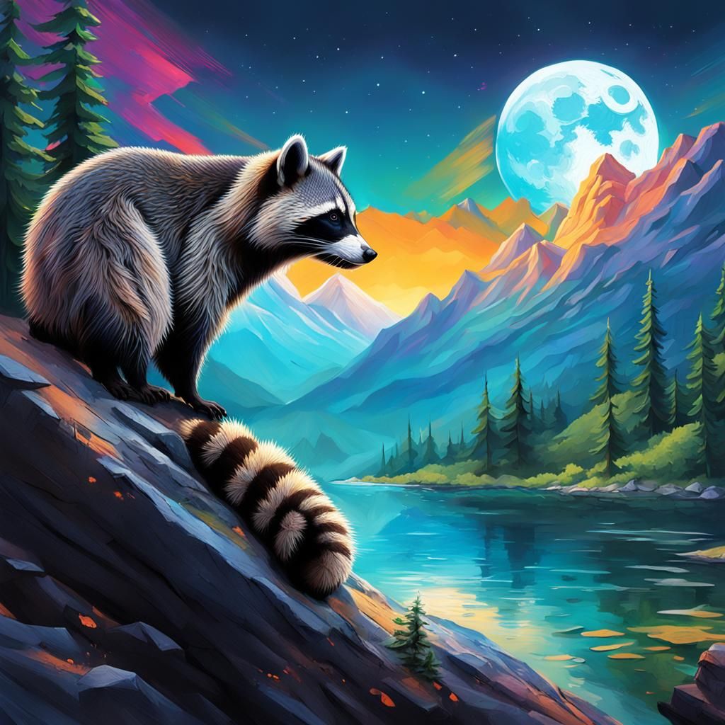 Hyperrealistic Raccoon Gazing at Moonlit Lake