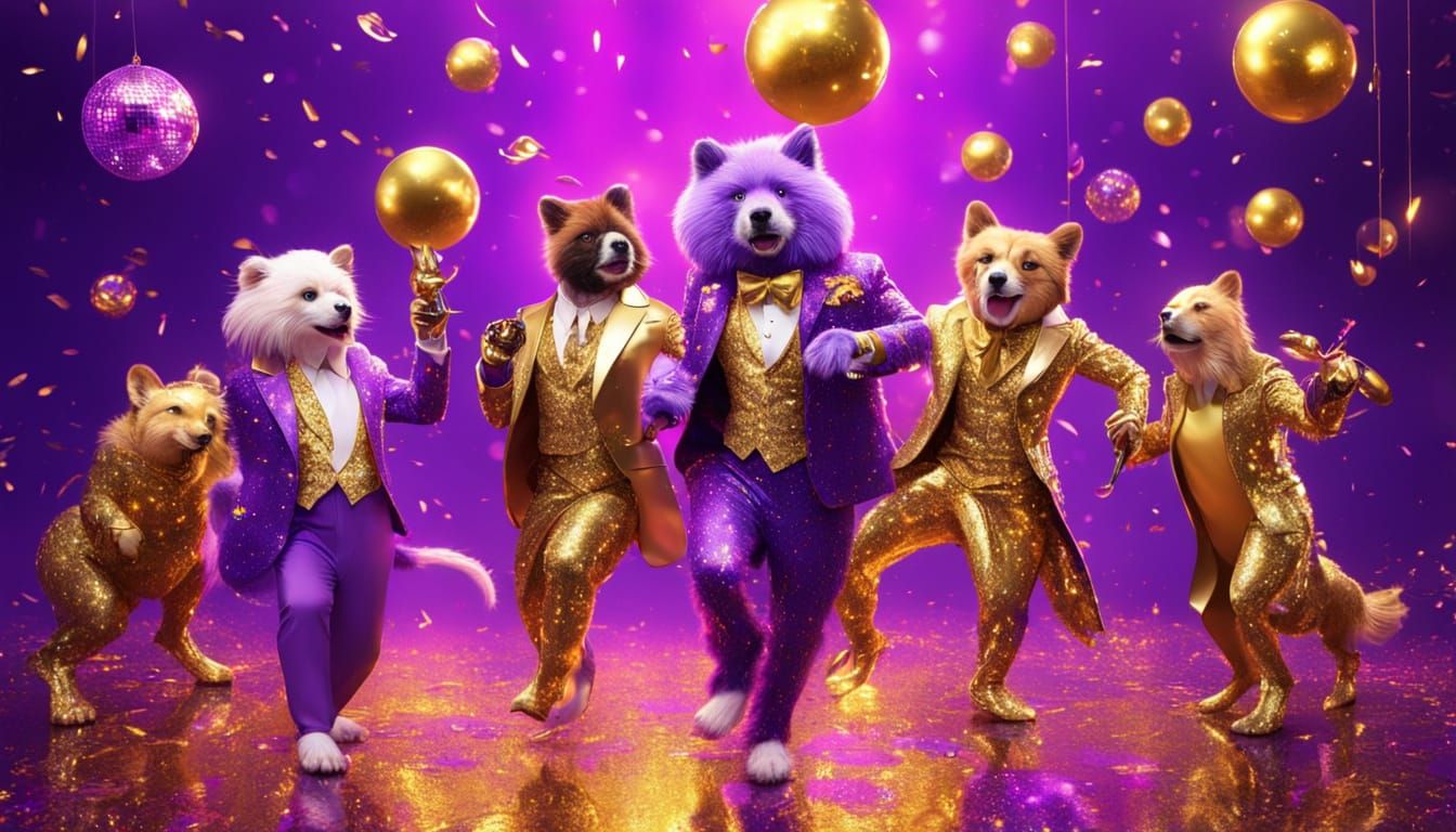 Anthropomorphic Animals Celebrate in Golden Disco